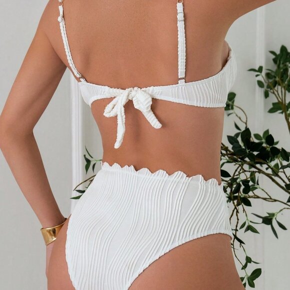 White Women's Beach Vacation Textured Faux Pearl Shoulder Strap Bikini Set - Picture 2 of 6